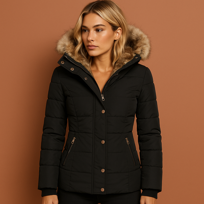 Zwarte winterjas voor dames met warme pluche voering en comfortabele pasvorm, ideaal voor koude winterdagen.