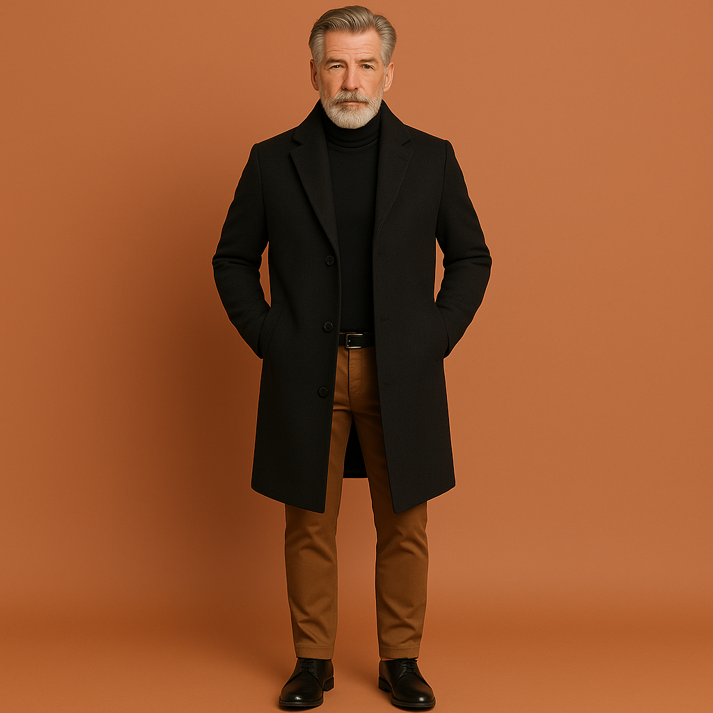 Warme wintermantel voor heren in zwarte kleur met tijdloze pasvorm, ideaal voor koude dagen en formele outfits.