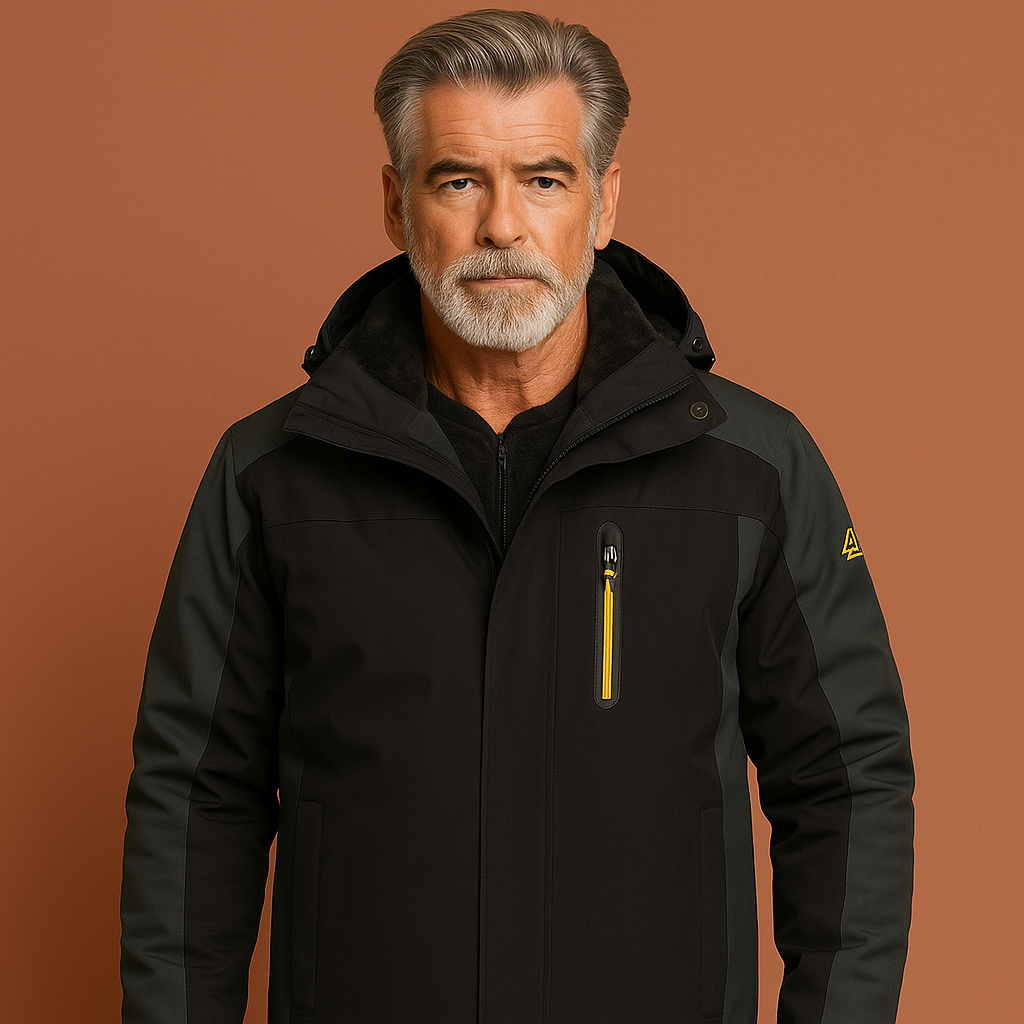 Zwarte heren outdoorjas met capuchon en waterdicht design, ideaal voor regenachtige dagen en buitenactiviteiten.