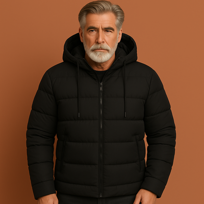 Waterdichte winterjas voor heren in zwarte kleur, ideaal voor koude en natte dagen buiten.