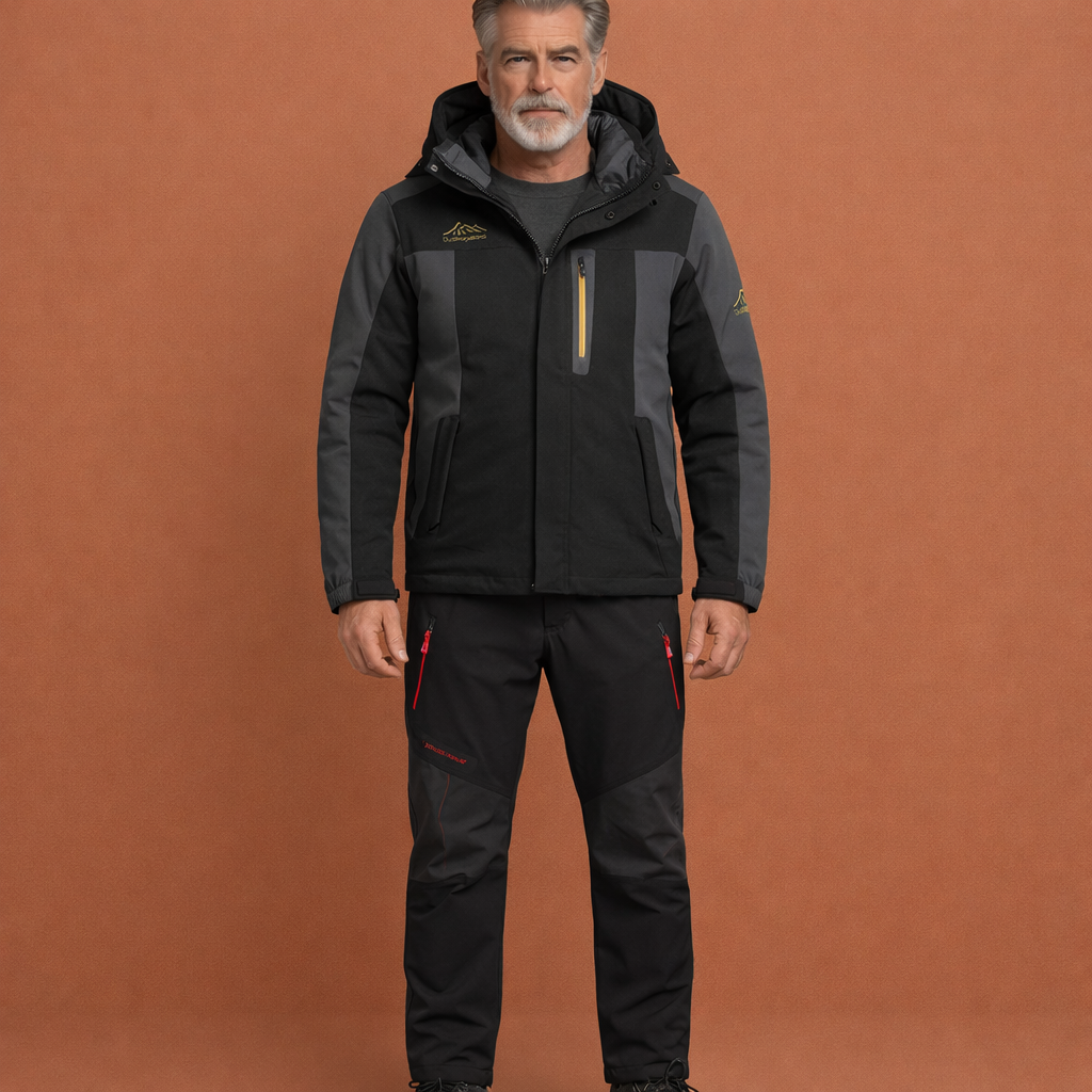 Zwarte waterdichte winterset voor heren met comfortabele pasvorm, geschikt voor outdoor en koude winterdagen.