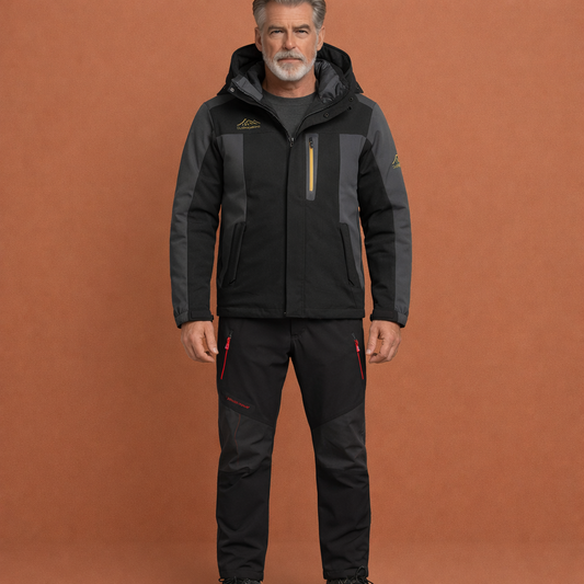 Zwarte waterdichte winterset voor heren met comfortabele pasvorm, geschikt voor outdoor en koude winterdagen.