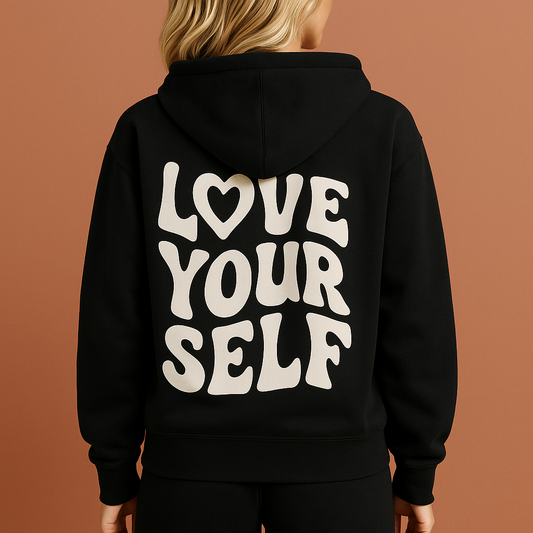 Zwarte winter hoodie voor dames met streetwear statement design, ideaal voor koude dagen en casual outfits.