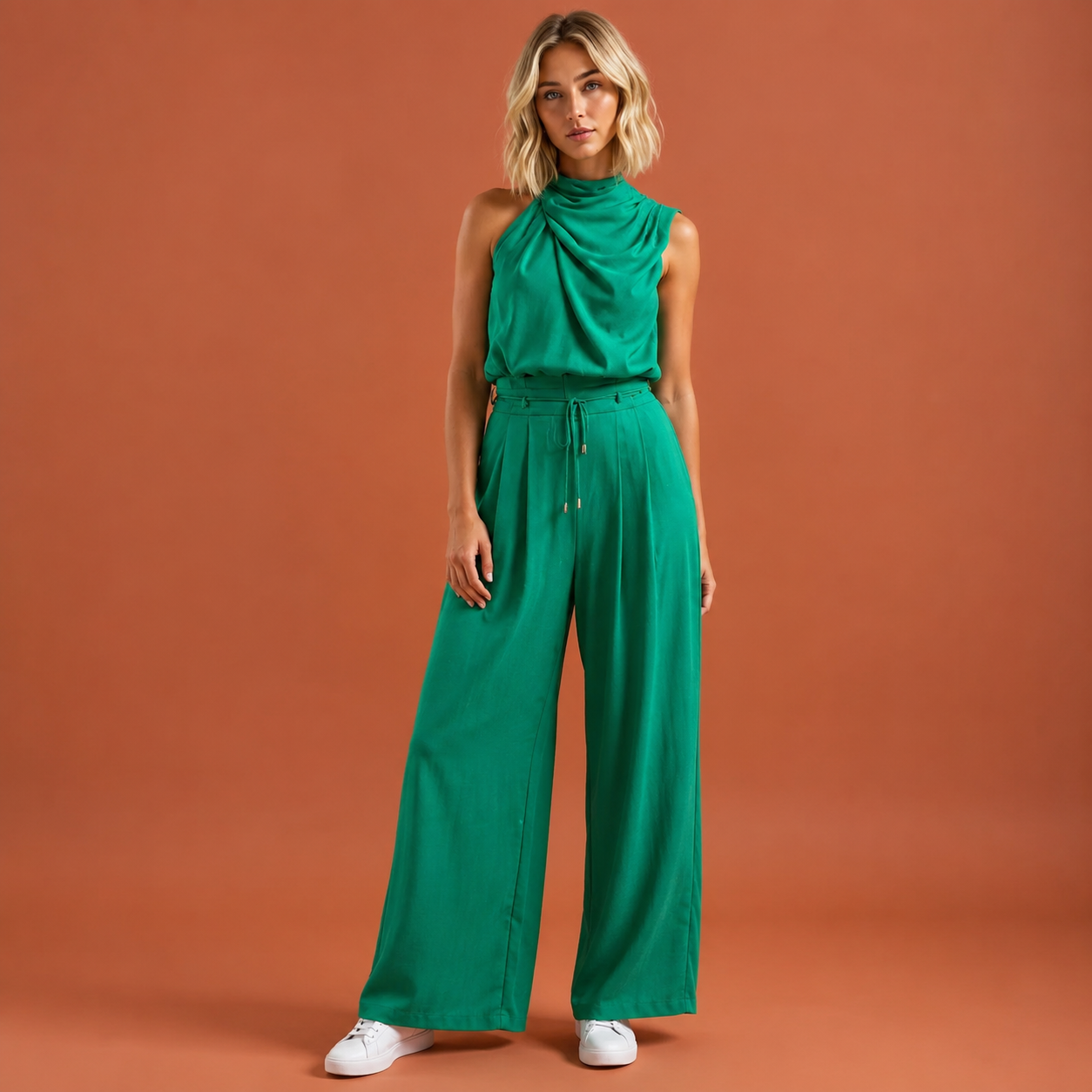Satijnen tweedelige set met gedrapeerde top en wijde broek voor dames | Mariska Nirandi