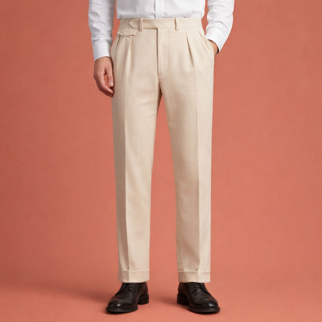 Heren pantalon in beige met rechte pasvorm en minimalistisch design, comfortabel en stijlvol voor dagelijks en formeel gebruik.