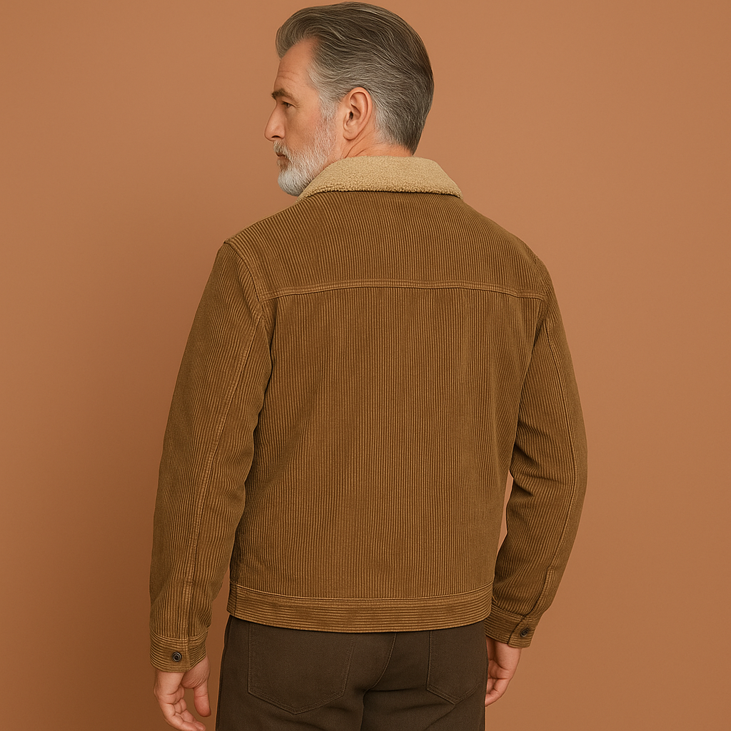 Khaki warme sherpa gevoerde heren winterjas met borstzakken, perfect voor koude dagen en outdoor activiteiten achter